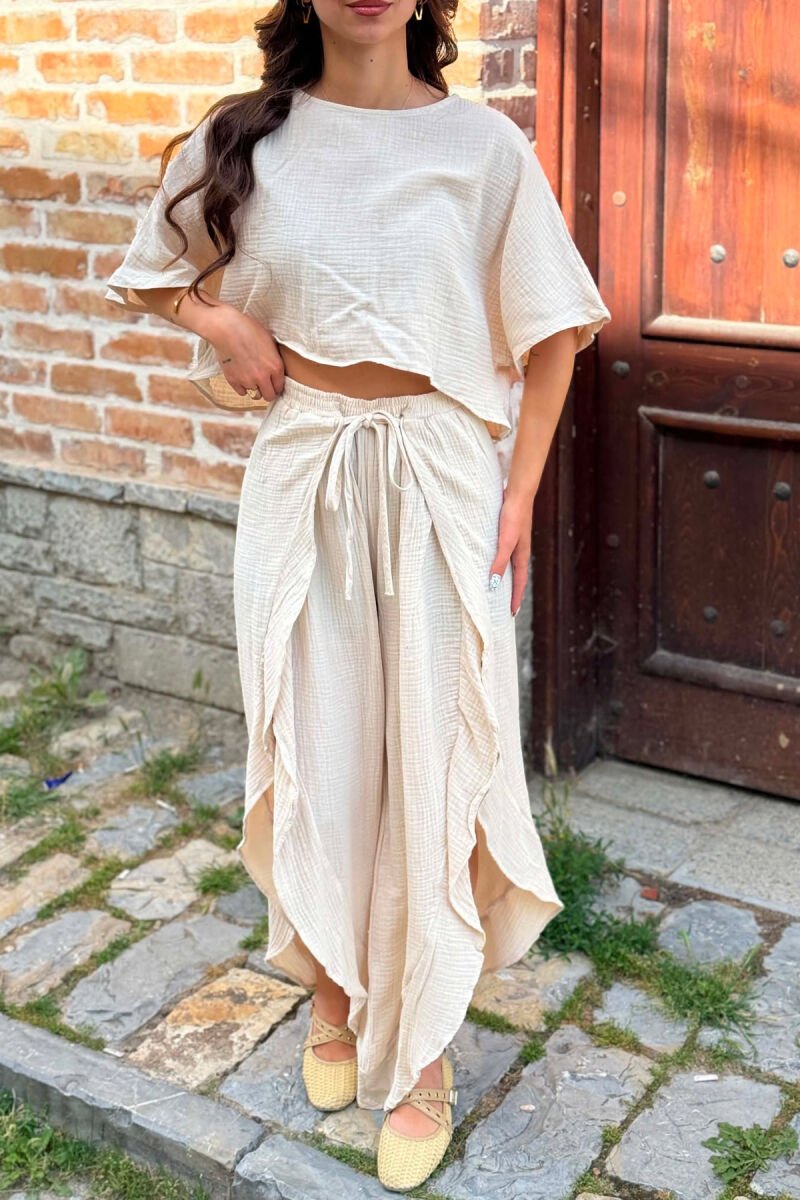 LINEN BLEND T-SHIRT + BALLON WOMAN SET BEIGE/BEZHE - 4