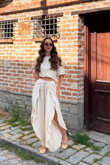 LINEN BLEND T-SHIRT + BALLON WOMAN SET BEIGE/BEZHE - 5
