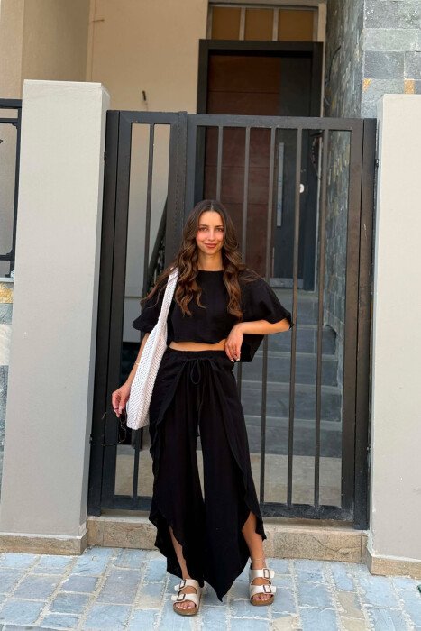 LINEN BLEND T-SHIRT + BALLON WOMAN SET BLACK/ E ZEZE - 1