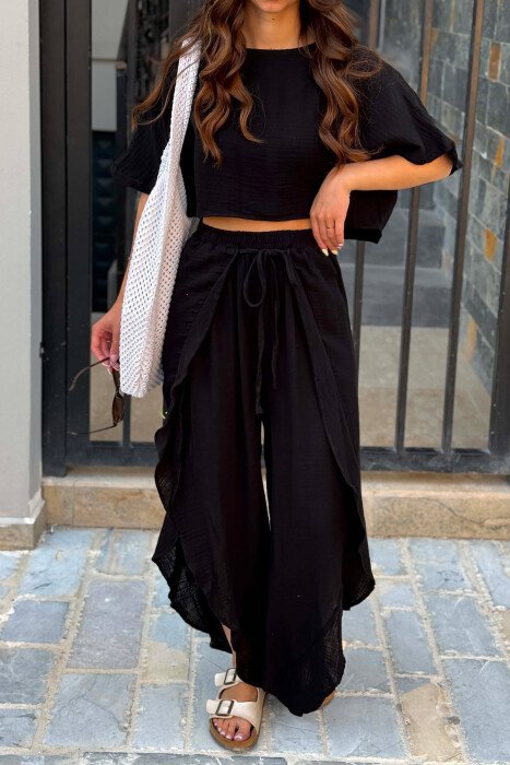 LINEN BLEND T-SHIRT + BALLON WOMAN SET BLACK/ E ZEZE - 4