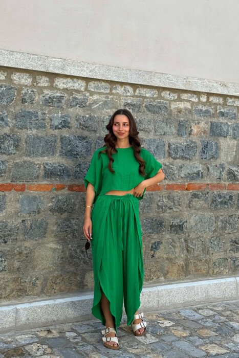 LINEN BLEND T-SHIRT + BALLON WOMAN SET GREEN/JESHILE - 1