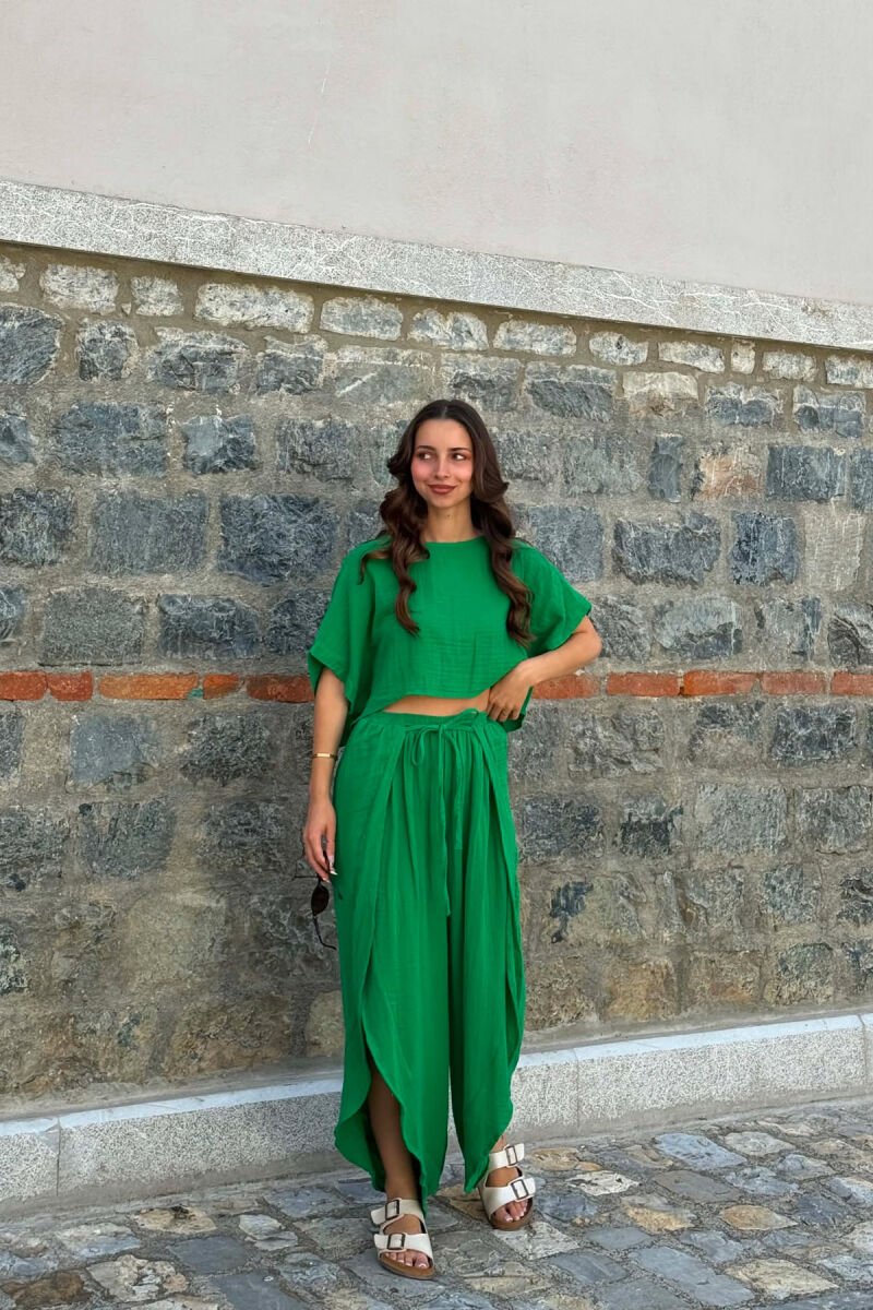 LINEN BLEND T-SHIRT + BALLON WOMAN SET GREEN/JESHILE - 1