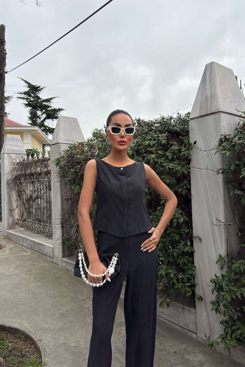 LINEN CASUAL BLOUSE+TROUSERS WOMEN SET BLACK/ E ZEZE - 2