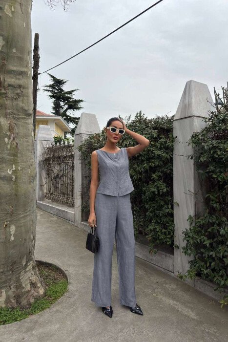 LINEN CASUAL BLOUSE+TROUSERS WOMEN SET GREY/GRI 
