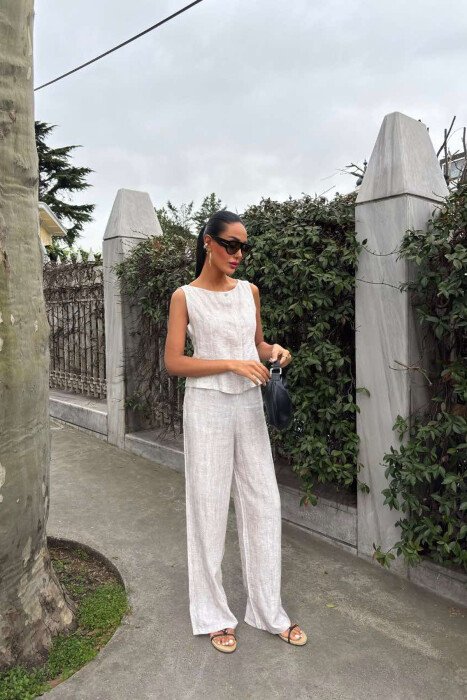 LINEN CASUAL BLOUSE+TROUSERS WOMEN SET LIGHT BEIGE/BZHZB 
