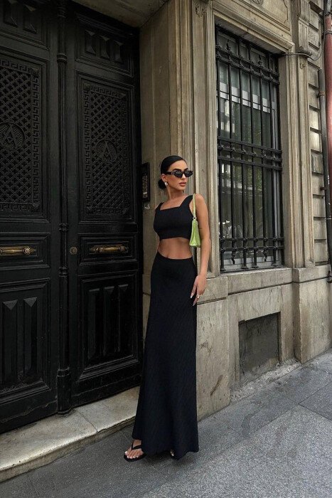 LINEN CROP + SKIRT WOMEN SET BLACK/ E ZEZE - KLAUDIO FASHION