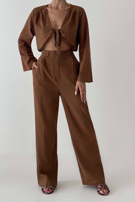 LINEN CROP+TROUSERS WOMAN SET BROWN/KAFE - 1