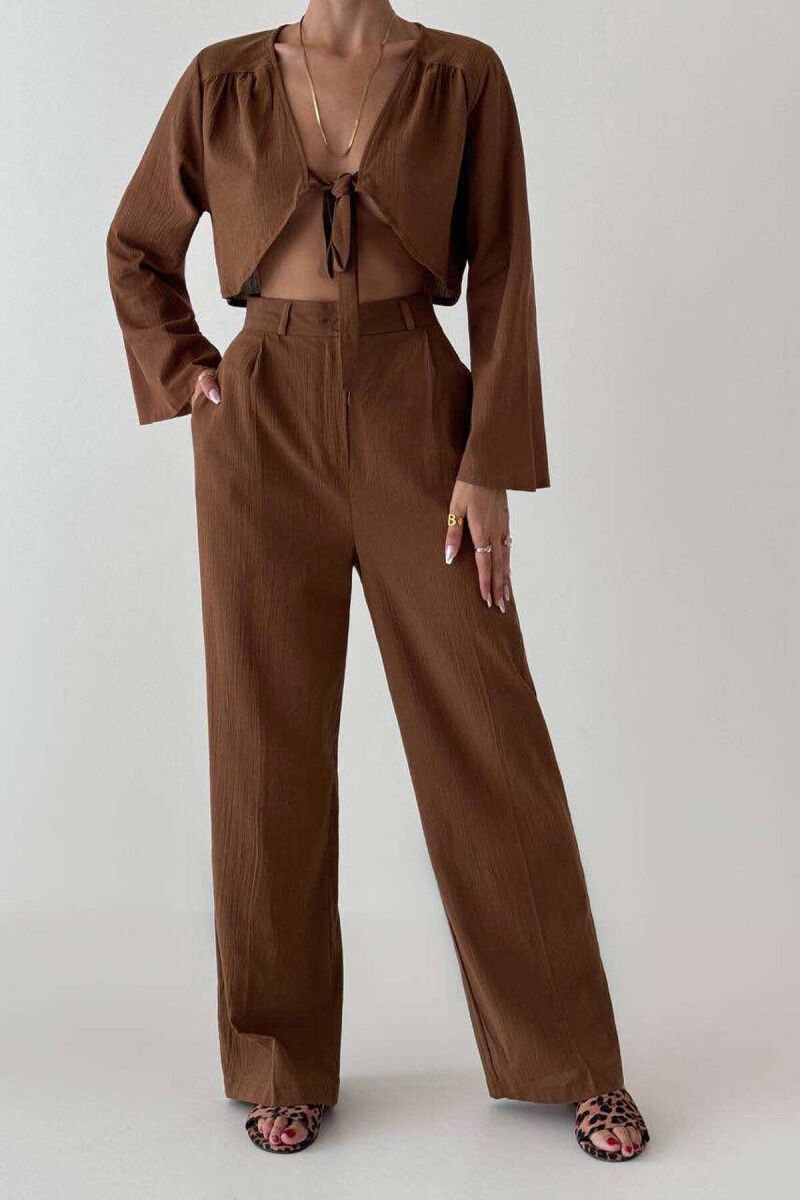 LINEN CROP+TROUSERS WOMAN SET BROWN/KAFE - 1