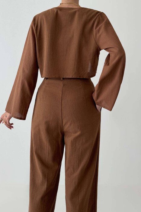 LINEN CROP+TROUSERS WOMAN SET BROWN/KAFE - 2