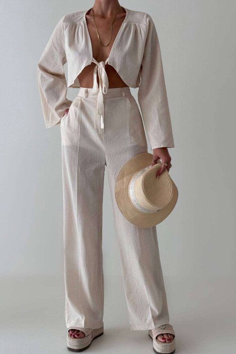 LINEN CROP+TROUSERS WOMAN SET CREAM/KREM - 1