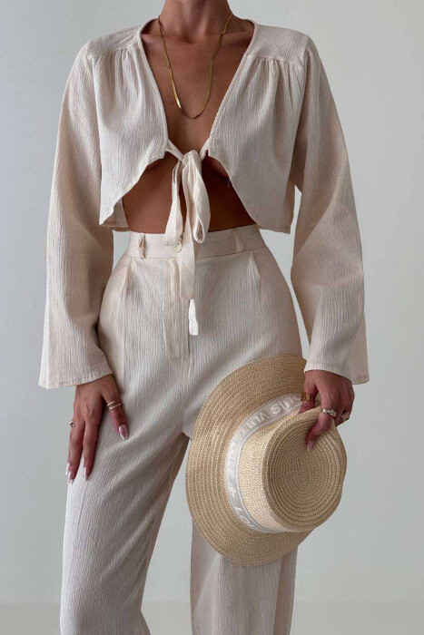 LINEN CROP+TROUSERS WOMAN SET CREAM/KREM - 2