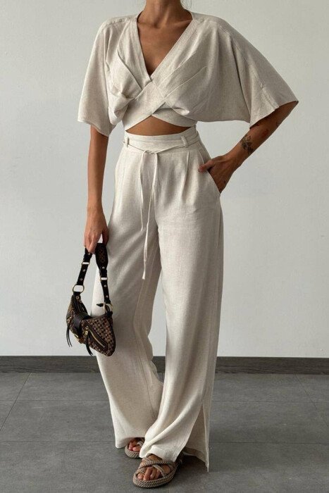 LINEN CROP+TROUSERS WOMAN SET CREAM/KREM - 1