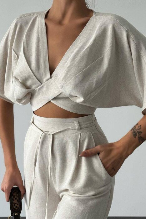 LINEN CROP+TROUSERS WOMAN SET CREAM/KREM - 2