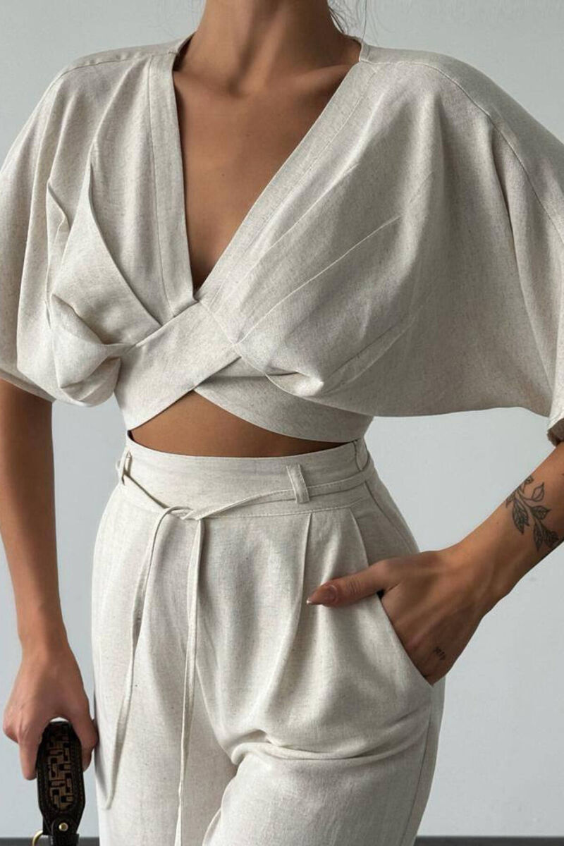 LINEN CROP+TROUSERS WOMAN SET CREAM/KREM - 2