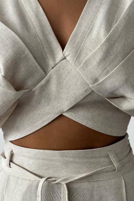 LINEN CROP+TROUSERS WOMAN SET CREAM/KREM - 3