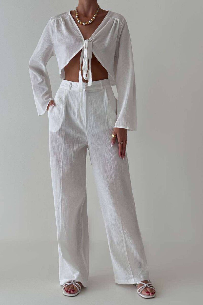 LINEN CROP+TROUSERS WOMAN SET WHITE-E BARDHE - 1