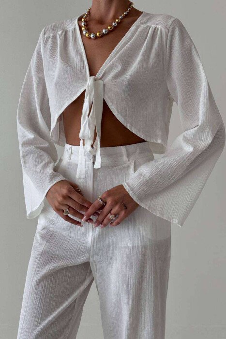 LINEN CROP+TROUSERS WOMAN SET WHITE-E BARDHE - 2