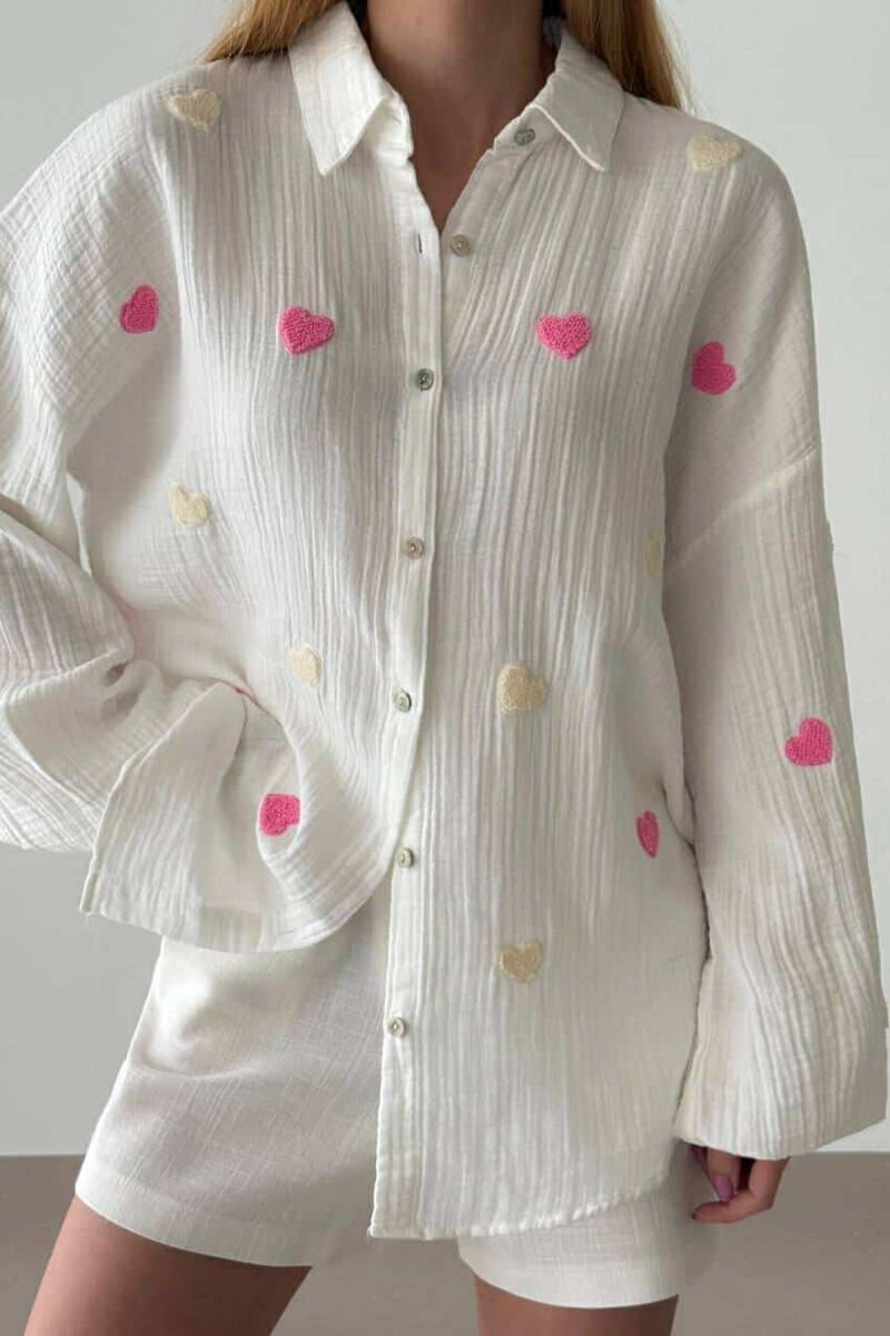 LINEN HEART DETAILS WOMEN SHIRT WHITE-E BARDHE - 1
