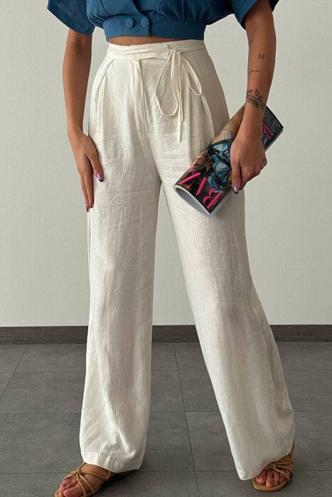 LINEN LACING WOMAN TROUSERS WHITE-E BARDHE - KLAUDIO FASHION