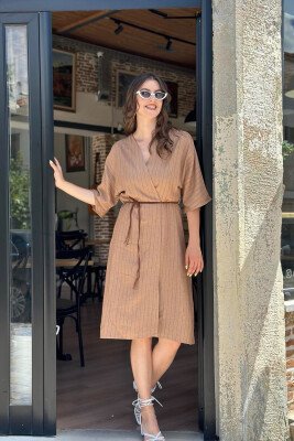 LINEN LINE WOMAN DRESS BROWN/KAFE - KLAUDIO FASHION
