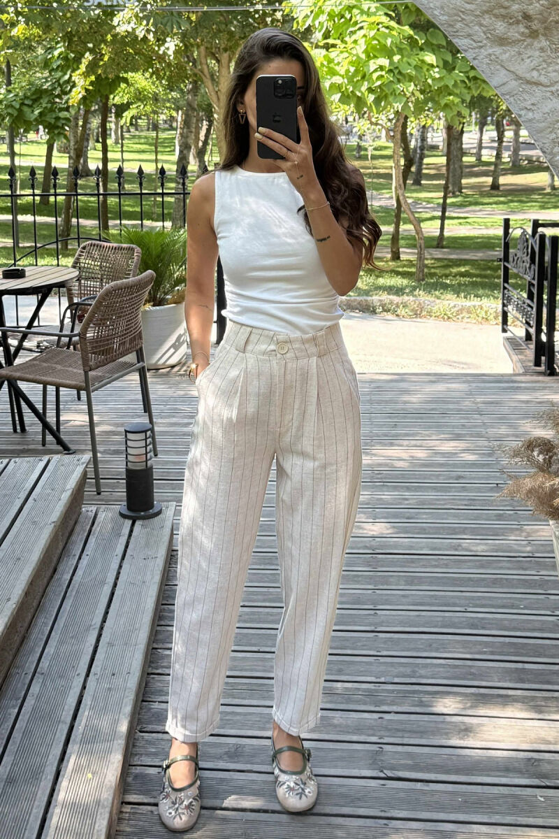 LINEN LINES WOMAN TROUSERS CREAM/KREM - 2