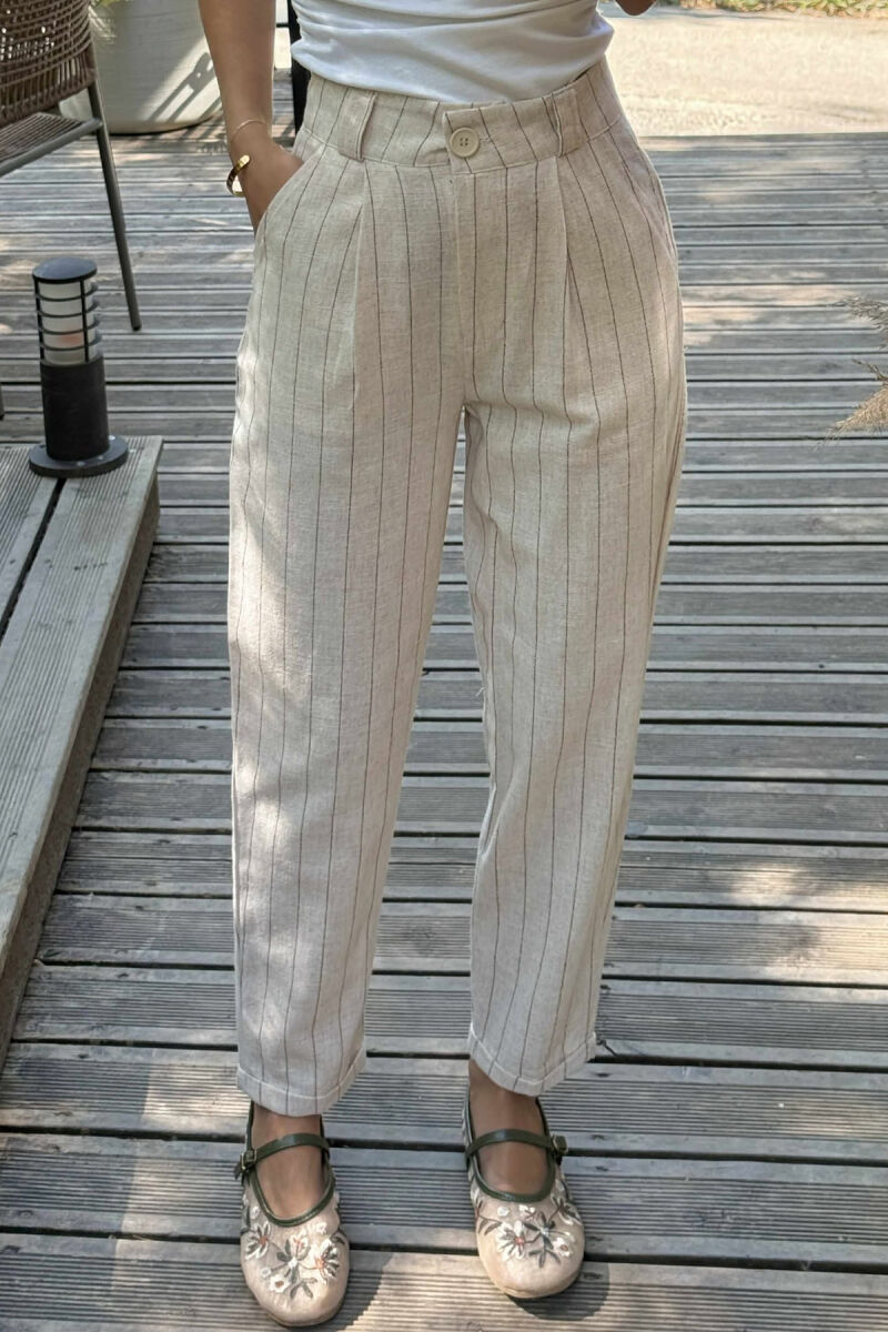 LINEN LINES WOMAN TROUSERS CREAM/KREM - 1