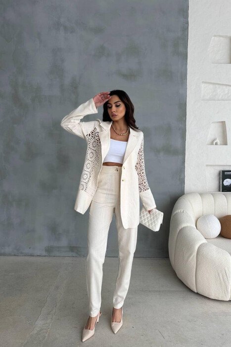 LINEN ONE COLOR WOMAN SET CREAM/KREM - KLAUDIO FASHION