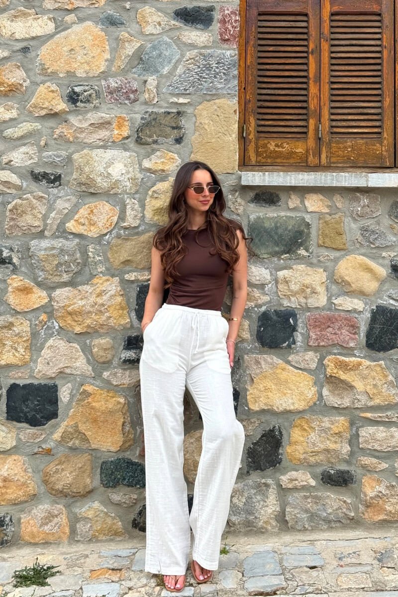 LINEN ONE COLOR WOMAN TROUSERS CREAM/KREM - 1