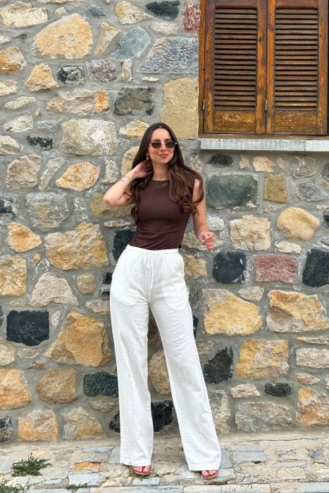 LINEN ONE COLOR WOMAN TROUSERS CREAM/KREM - 2