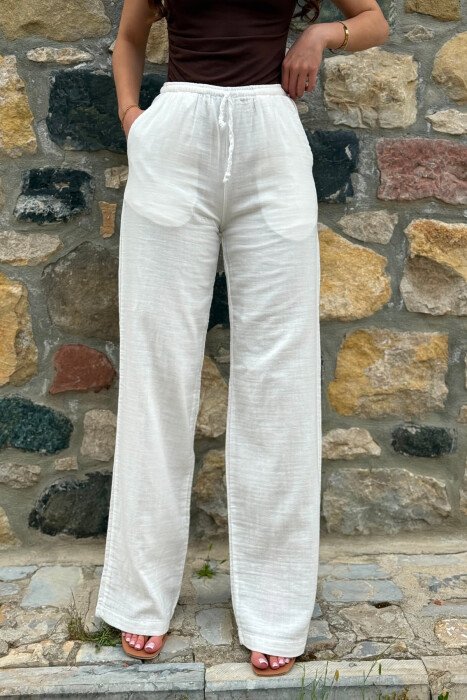 LINEN ONE COLOR WOMAN TROUSERS CREAM/KREM - 4