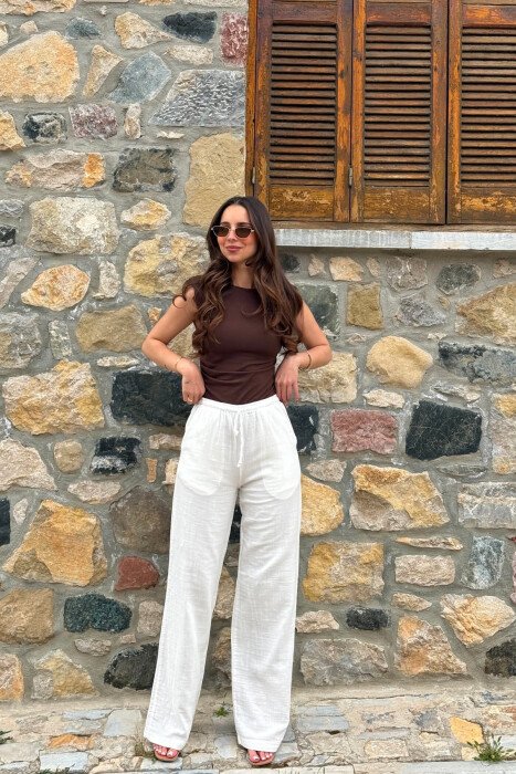 LINEN ONE COLOR WOMAN TROUSERS CREAM/KREM - 5