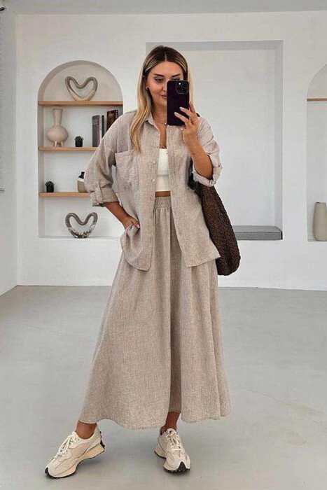 LINEN SKIRT+SHIRT WOMEN VEST BEIGE/BEZHE - KLAUDIO FASHION