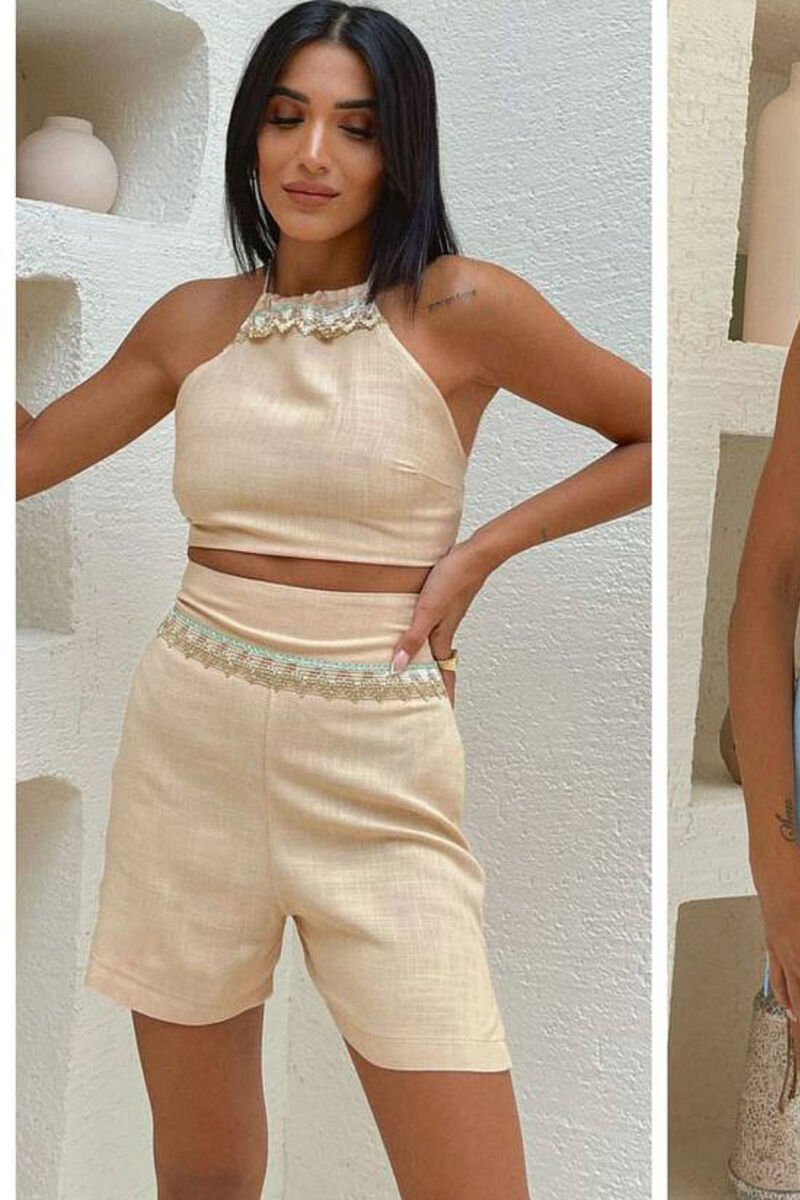 LINEN TOP+SKORTS ONE COLOR WOMAN SET BEIGE/BEZHE - 1