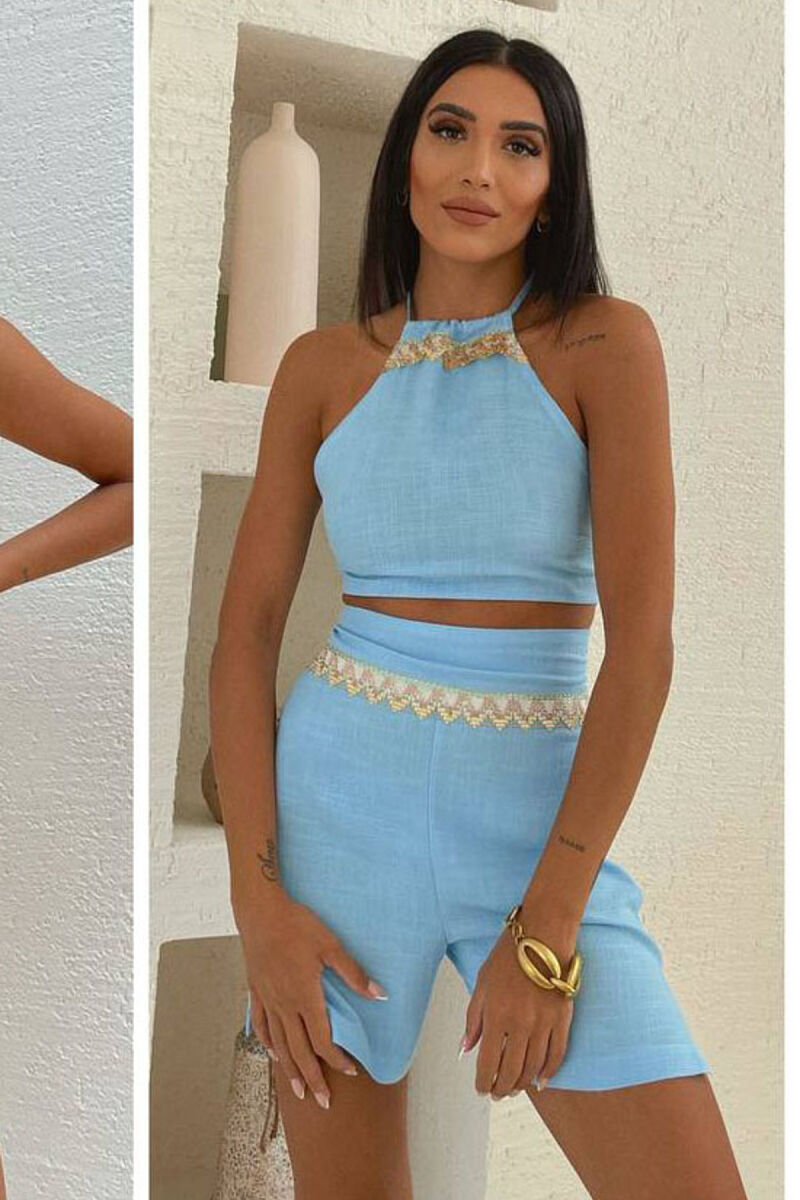 LINEN TOP+SKORTS ONE COLOR WOMAN SET LIGHTBLUE/BZ - 1