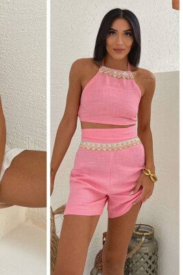 LINEN TOP+SKORTS ONE COLOR WOMAN SET PINK/ROZE 