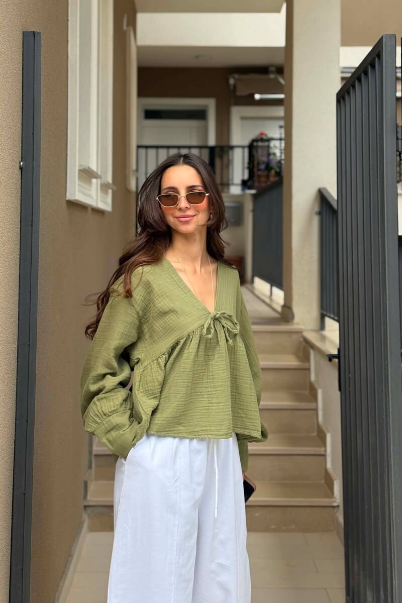 LINEN V NECK ONE COLOR WOMEN SHIRT GREEN/JESHILE - 1