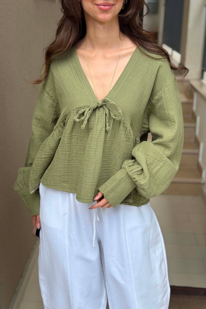 LINEN V NECK ONE COLOR WOMEN SHIRT GREEN/JESHILE - 2