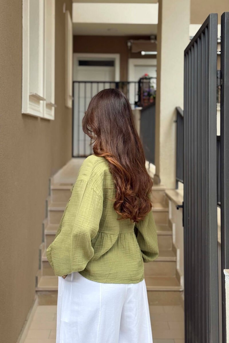 LINEN V NECK ONE COLOR WOMEN SHIRT GREEN/JESHILE - 3