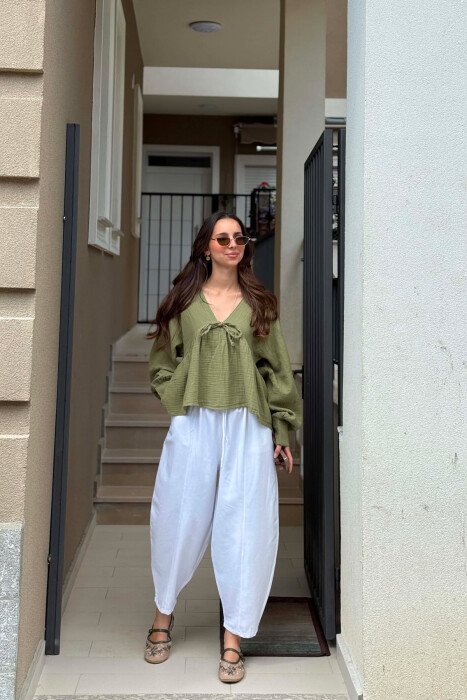 LINEN V NECK ONE COLOR WOMEN SHIRT GREEN/JESHILE - 4
