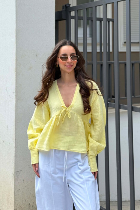 LINEN V NECK ONE COLOR WOMEN SHIRT YELLOW/E VERDHE 