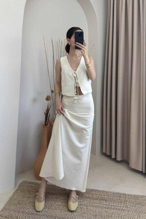 LINEN VEST+SKIRT WOMAN SET CREAM/KREM - 1