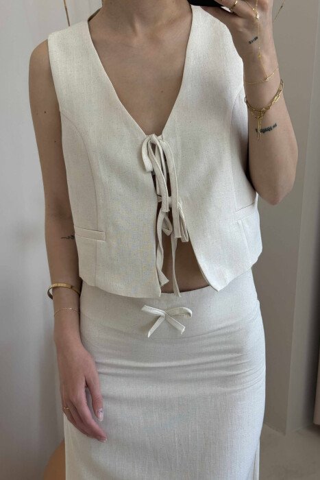 LINEN VEST+SKIRT WOMAN SET CREAM/KREM - 4