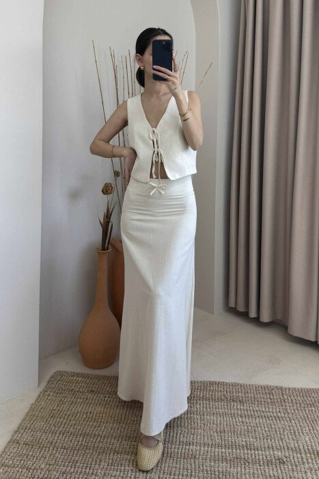 LINEN VEST+SKIRT WOMAN SET CREAM/KREM - 5