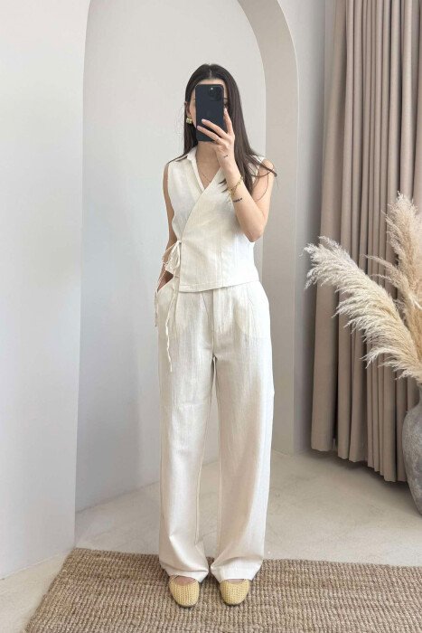 LINEN VEST+TROUSERS WOMAN SET CREAM/KREM - KLAUDIO FASHION