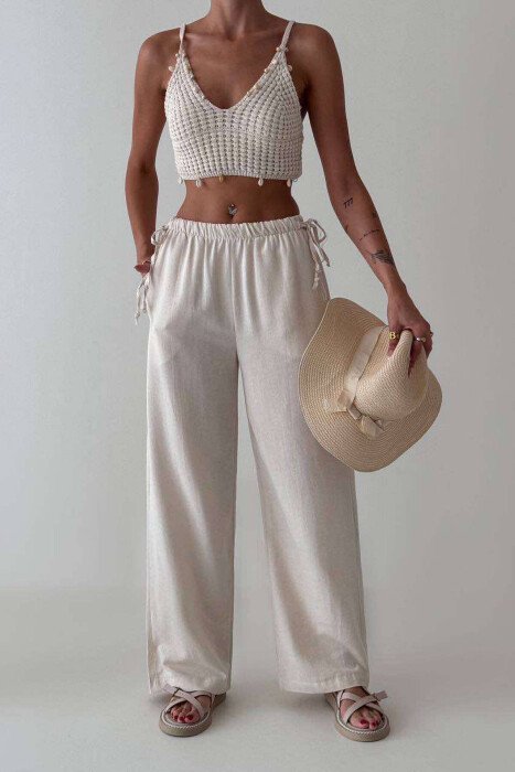 LINEN WIDE LEG LACING WOMAN TROUSERS CREAM/KREM - KLAUDIO FASHION