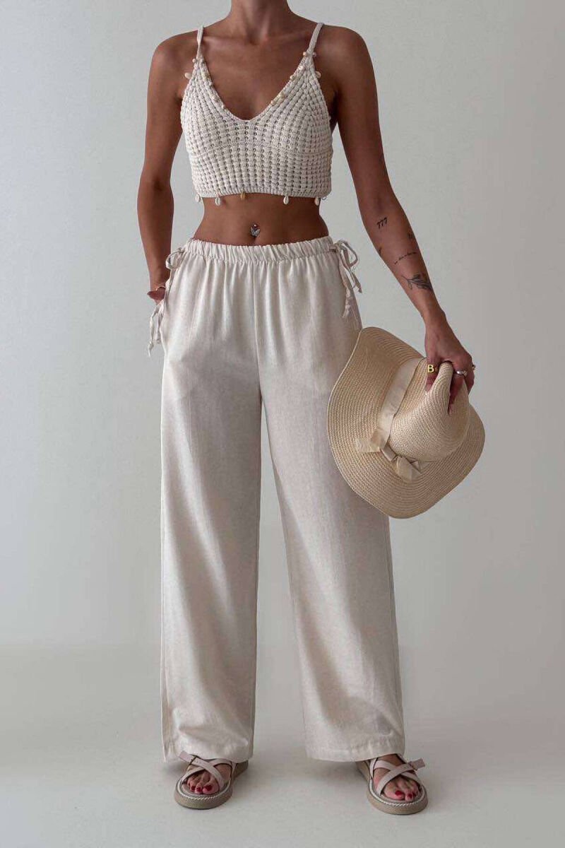LINEN WIDE LEG LACING WOMAN TROUSERS CREAM/KREM - 1