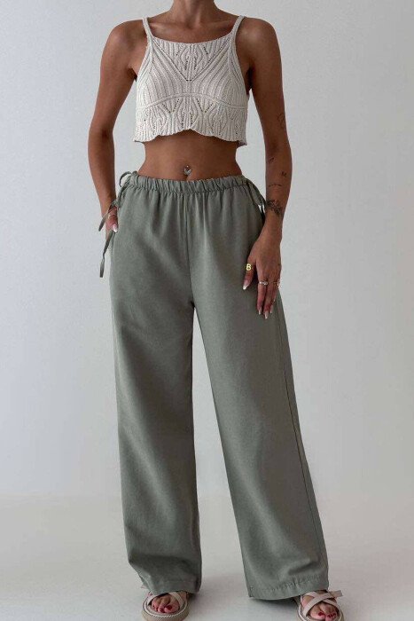 LINEN WIDE LEG LACING WOMAN TROUSERS GREEN/JESHILE - KLAUDIO FASHION
