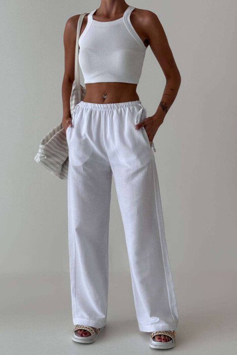 LINEN WIDE LEG LACING WOMAN TROUSERS WHITE-E BARDHE - KLAUDIO FASHION