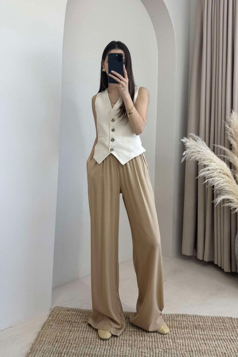 LINEN WIDE LEG ONE COLOR WOMAN TROUSERS BEIGE/BEZHE - 7