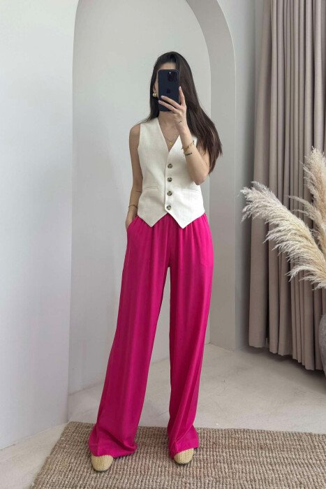 LINEN WIDE LEG ONE COLOR WOMAN TROUSERS FUCHSIA/CIKLAMI - 1